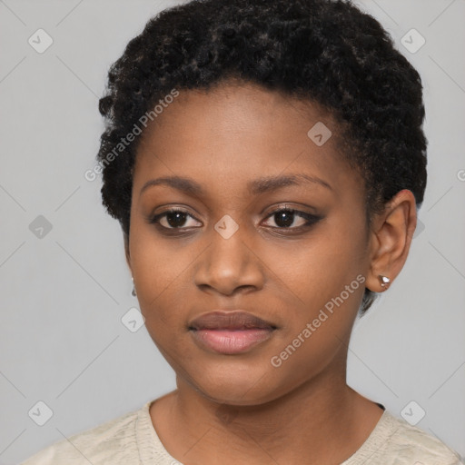 Neutral black young-adult female with short  black hair and brown eyes