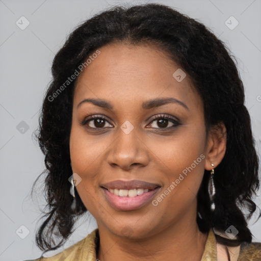 Joyful black young-adult female with medium  brown hair and brown eyes