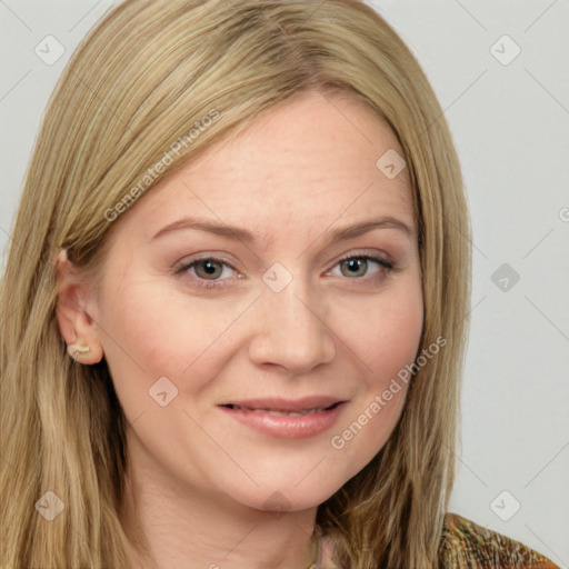 Joyful white young-adult female with long  brown hair and brown eyes