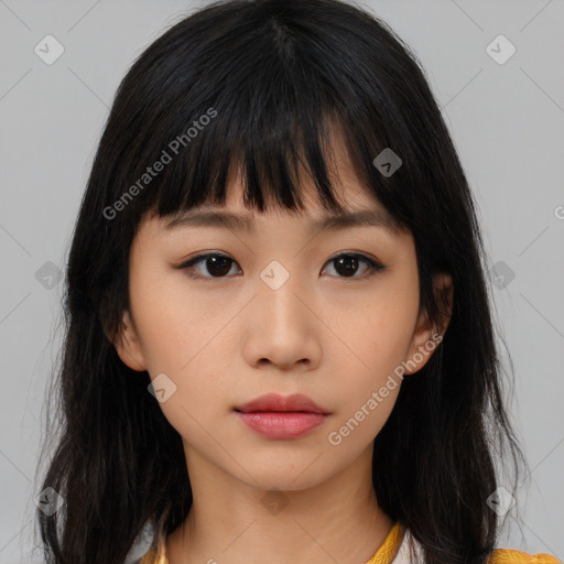 Neutral asian young-adult female with long  brown hair and brown eyes