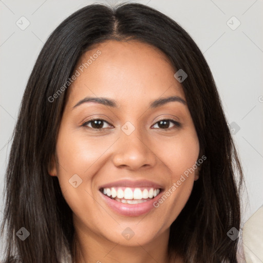 Joyful white young-adult female with long  brown hair and brown eyes