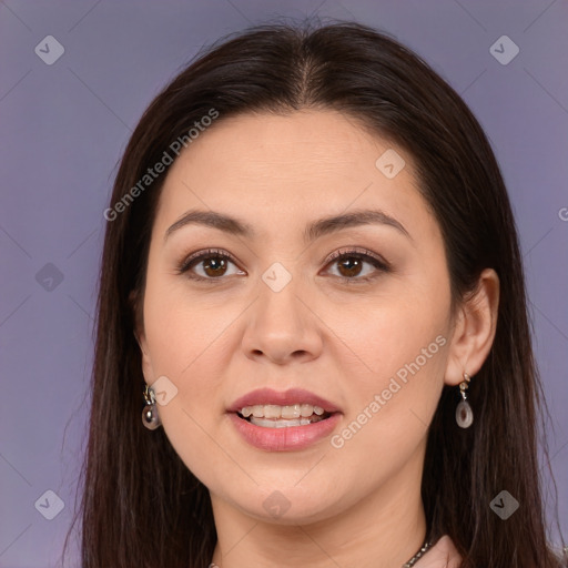 Joyful white young-adult female with long  brown hair and brown eyes