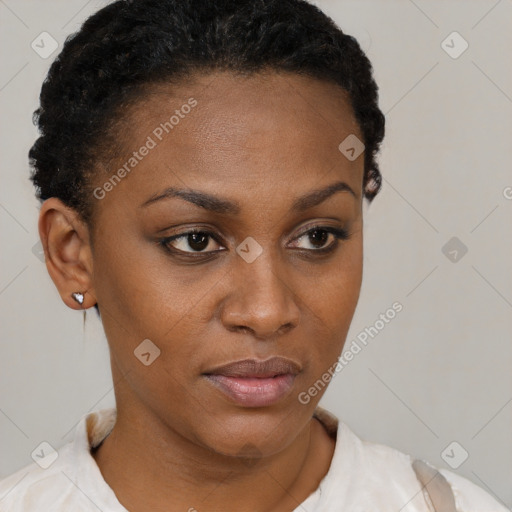 Neutral black young-adult female with short  brown hair and brown eyes