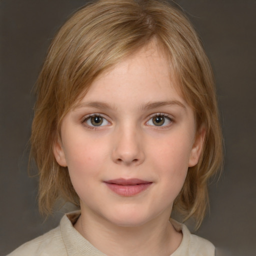 Neutral white child female with medium  brown hair and grey eyes