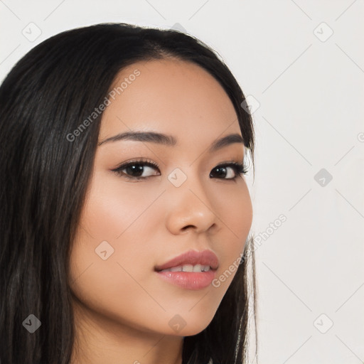 Neutral white young-adult female with long  brown hair and brown eyes