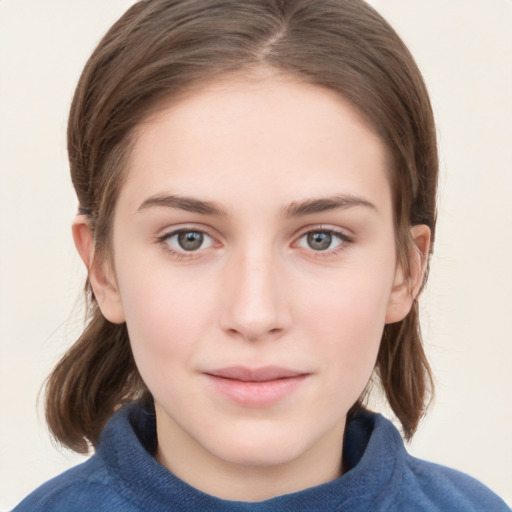 Neutral white young-adult female with medium  brown hair and grey eyes