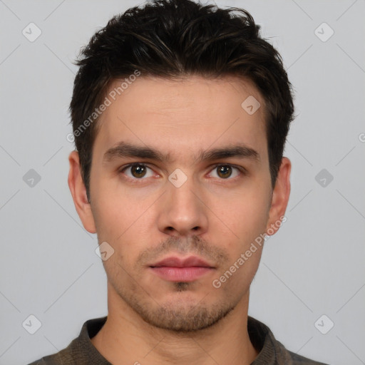 Neutral white young-adult male with short  brown hair and brown eyes