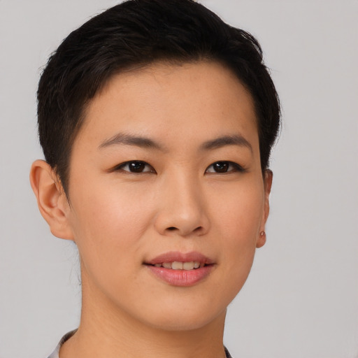 Joyful asian young-adult female with short  brown hair and brown eyes