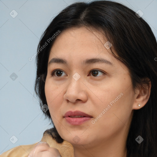 Joyful white young-adult female with medium  brown hair and brown eyes