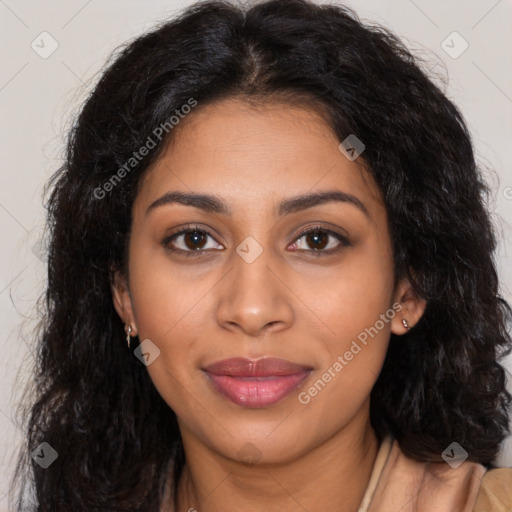 Joyful latino young-adult female with long  brown hair and brown eyes