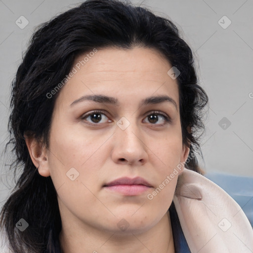 Neutral white young-adult female with medium  brown hair and brown eyes