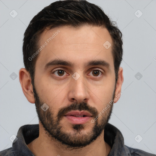 Neutral white young-adult male with short  brown hair and brown eyes