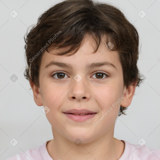 Joyful white child female with short  brown hair and brown eyes