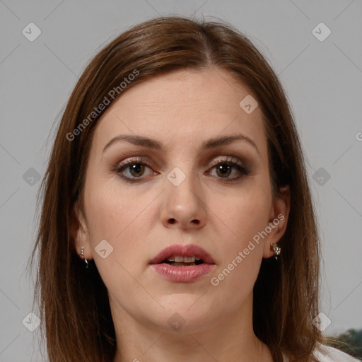 Neutral white young-adult female with long  brown hair and brown eyes