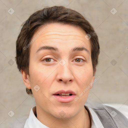 Joyful white adult female with short  brown hair and brown eyes