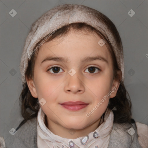 Joyful white child female with medium  brown hair and brown eyes