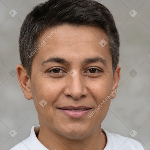 Joyful white adult male with short  brown hair and brown eyes