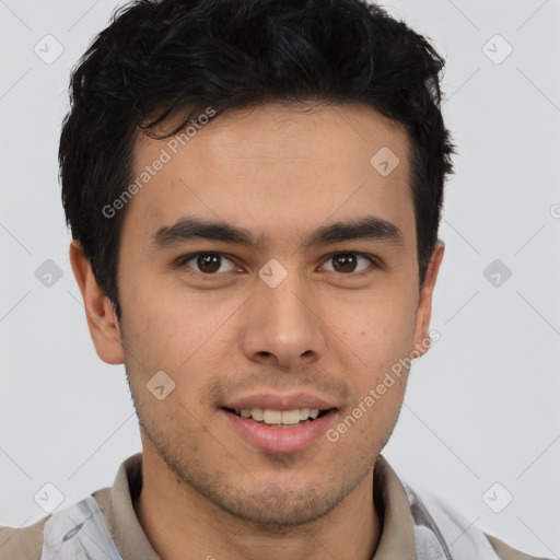 Joyful latino young-adult male with short  brown hair and brown eyes