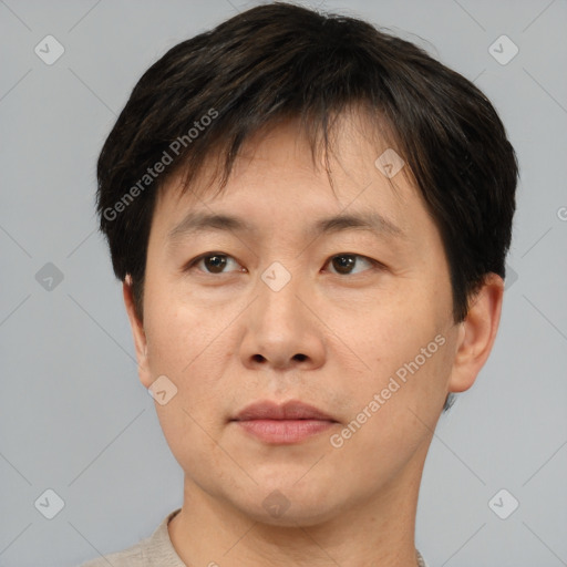 Neutral asian adult male with short  brown hair and brown eyes