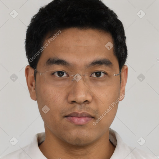 Neutral asian young-adult male with short  black hair and brown eyes