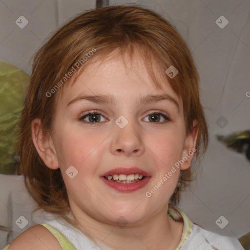 Joyful white child female with medium  brown hair and brown eyes