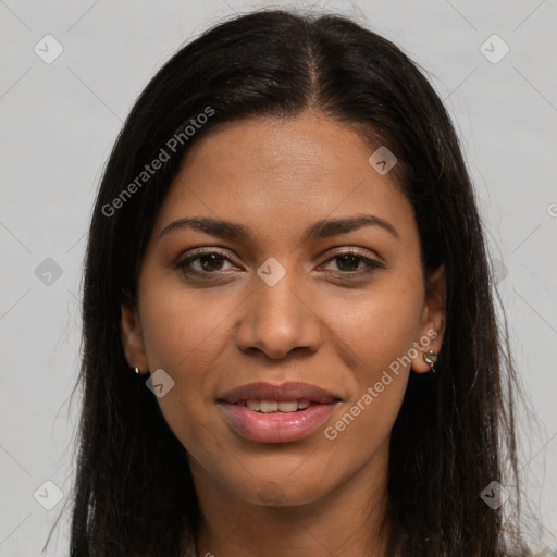 Joyful latino young-adult female with long  brown hair and brown eyes