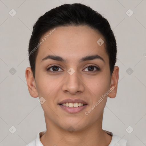 Joyful white young-adult female with short  brown hair and brown eyes