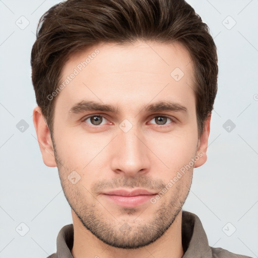 Neutral white young-adult male with short  brown hair and grey eyes