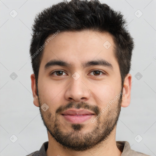 Joyful white young-adult male with short  brown hair and brown eyes