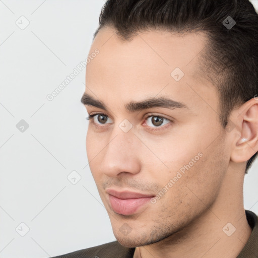 Neutral white young-adult male with short  brown hair and brown eyes