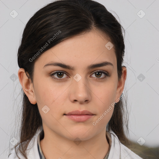 Neutral white young-adult female with medium  brown hair and brown eyes