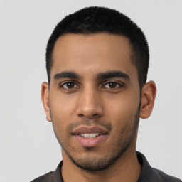 Neutral latino young-adult male with short  black hair and brown eyes