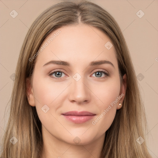 Joyful white young-adult female with long  brown hair and grey eyes