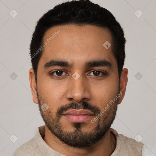 Neutral latino young-adult male with short  black hair and brown eyes