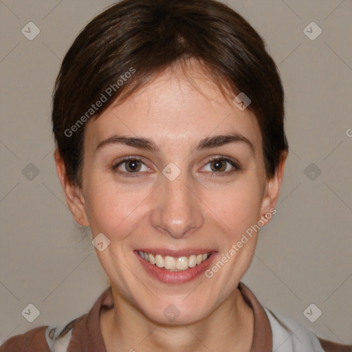 Joyful white young-adult female with medium  brown hair and brown eyes