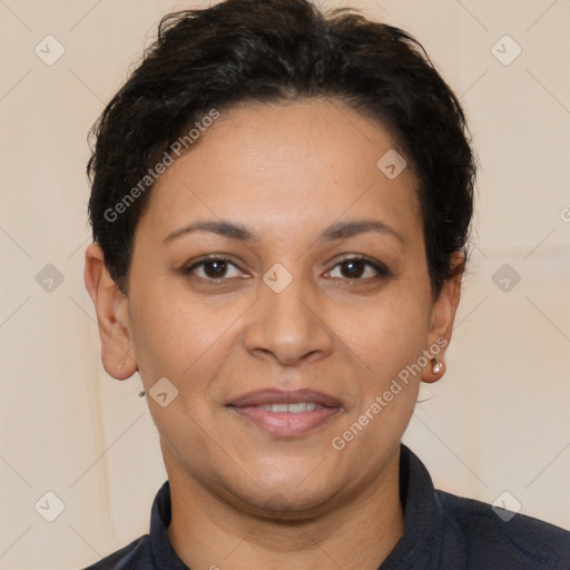 Joyful latino young-adult female with short  brown hair and brown eyes