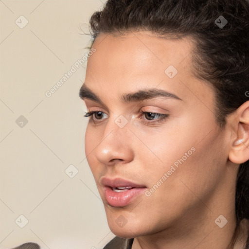 Neutral white young-adult female with short  brown hair and brown eyes