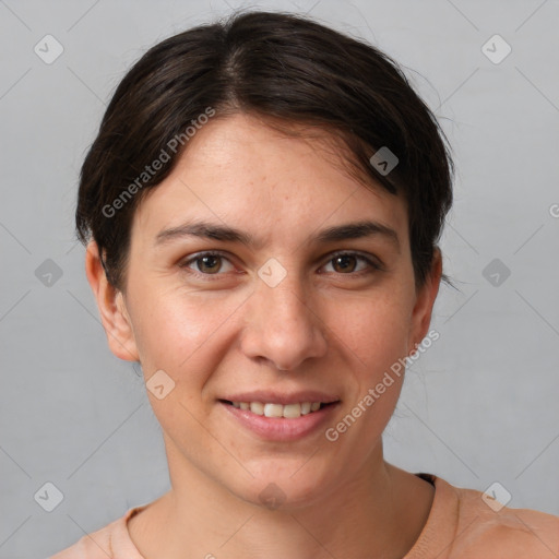 Joyful white young-adult female with short  brown hair and brown eyes