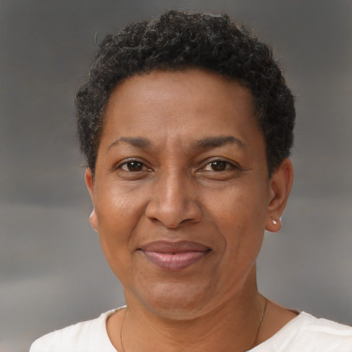 Joyful black adult female with short  brown hair and brown eyes