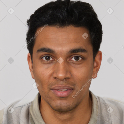 Joyful latino young-adult male with short  black hair and brown eyes