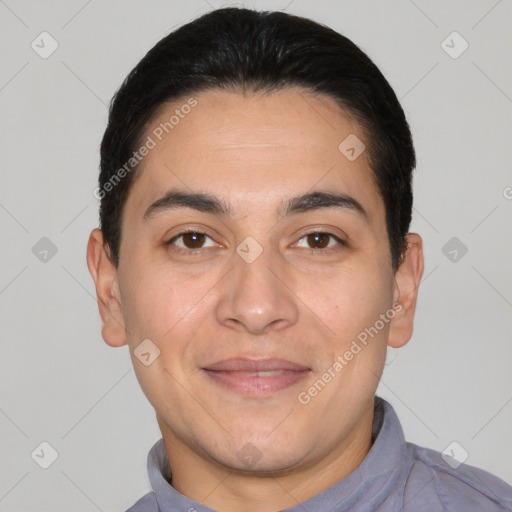 Joyful white young-adult male with short  black hair and brown eyes