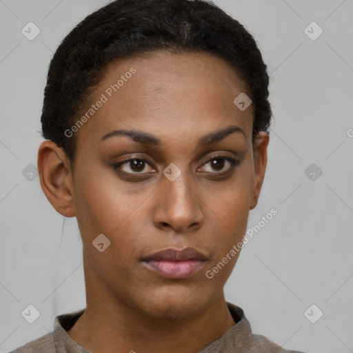 Neutral black young-adult female with short  brown hair and brown eyes