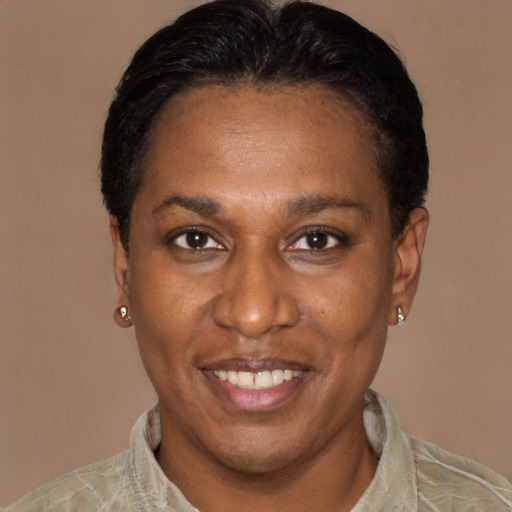 Joyful latino adult female with short  black hair and brown eyes