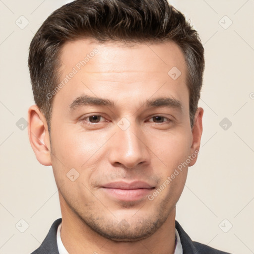 Joyful white young-adult male with short  brown hair and brown eyes