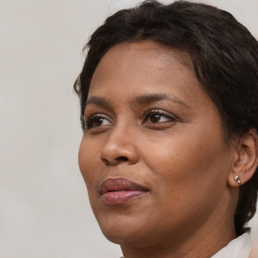 Neutral black young-adult female with short  brown hair and brown eyes