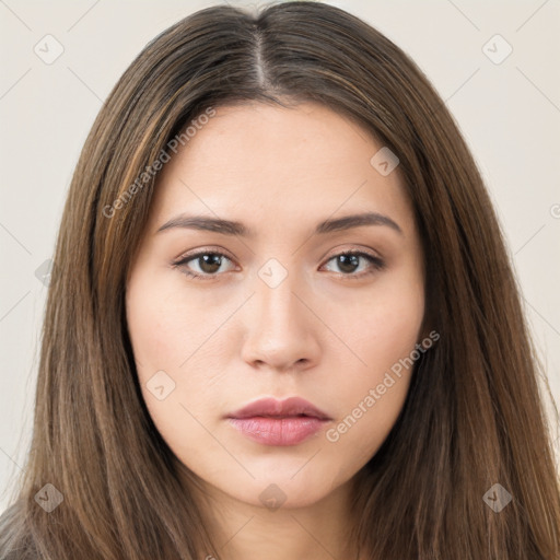 Neutral white young-adult female with long  brown hair and brown eyes