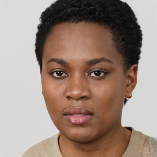 Neutral black young-adult female with short  black hair and brown eyes
