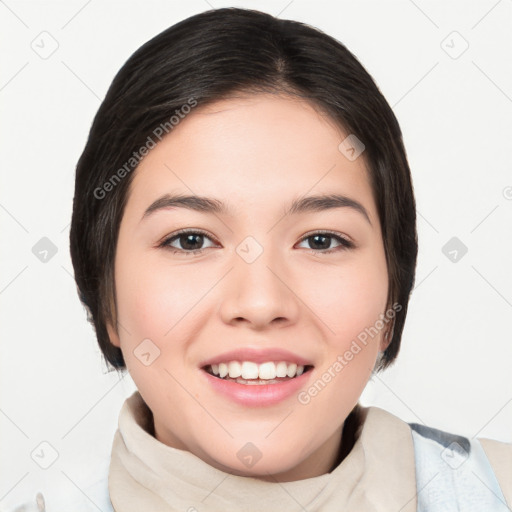 Joyful white young-adult female with medium  black hair and brown eyes