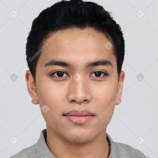 Neutral latino young-adult male with short  black hair and brown eyes