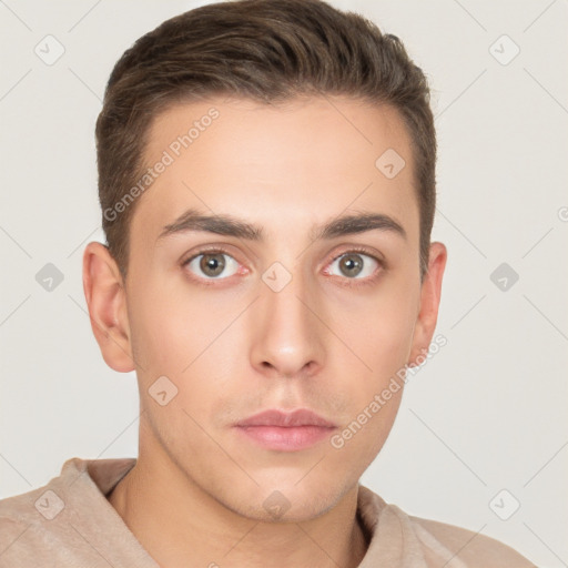 Neutral white young-adult male with short  brown hair and brown eyes